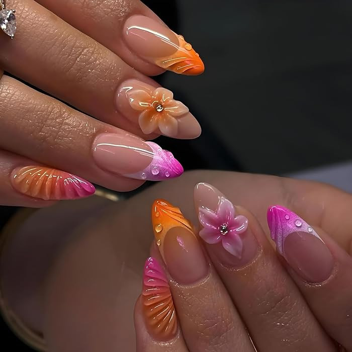 LPOODDNU Colorful French Tip Press on Nails - Medium Almond Fake Nails with 3D Flower Ocean Desig... | Amazon (US)