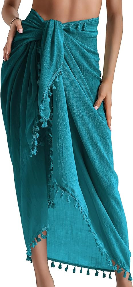 Eicolorte Beach Sarong Pareo Womens Semi-Sheer Swimwear Cover Ups Short Skirt with Tassels | Amazon (US)