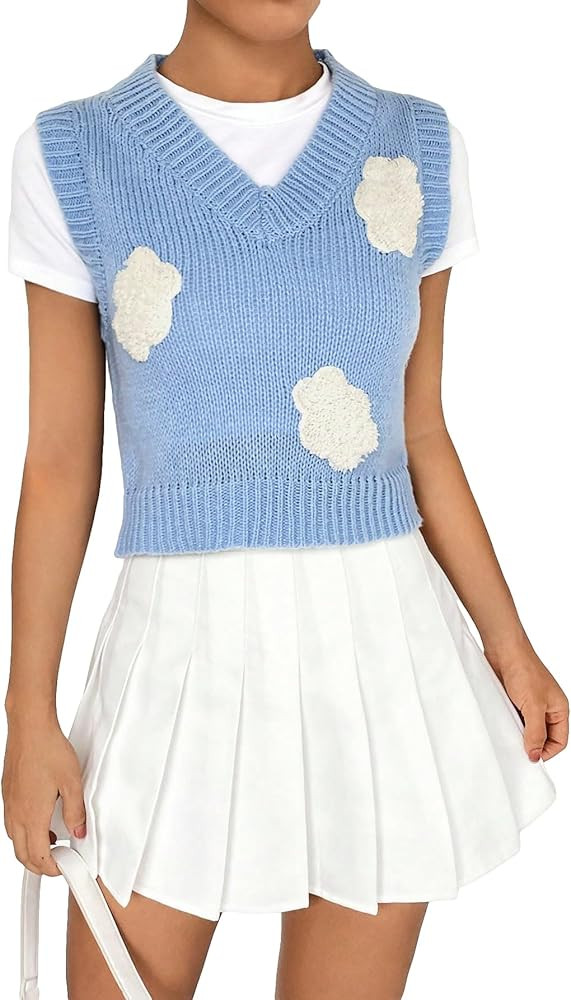 WDIRARA Women's Cloud Patched V Neck Sleeveless Sweater Vest Rib Knit Pullovers | Amazon (US)