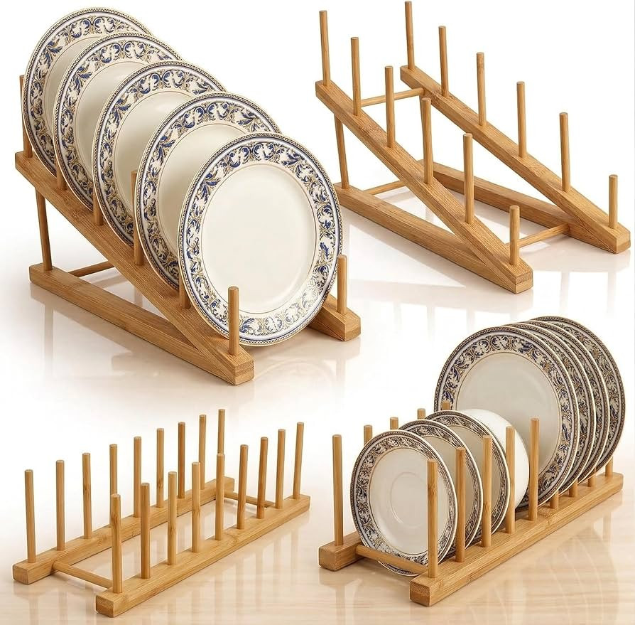 4PCS Wooden Dish Rack,8 Slots Bamboo Cupboards Dish Rack Multifunctional Wooden Plate Racks Stand... | Amazon (UK)