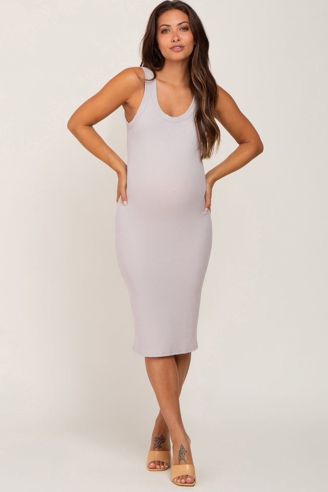 Beige Ribbed Scoop Neck Sleeveless Maternity Midi Dress | PinkBlush Maternity