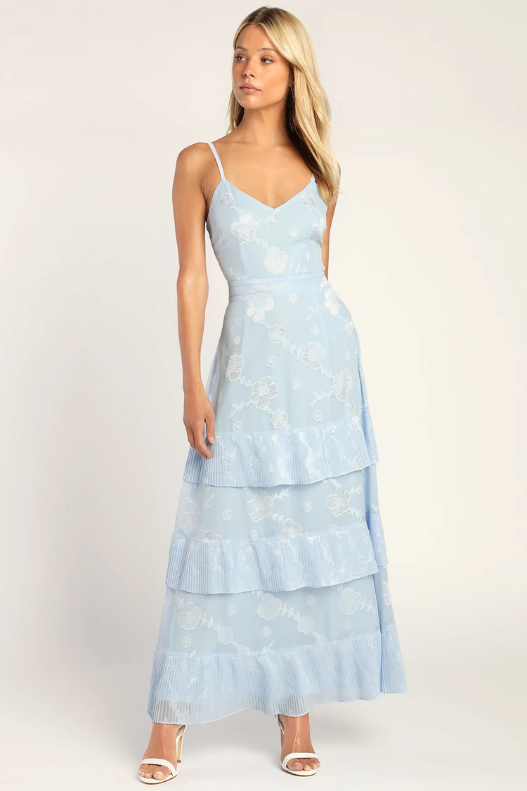 Beaming Babe Light Blue Floral Print Jacquard Tiered Maxi Dress | Lulus (US)