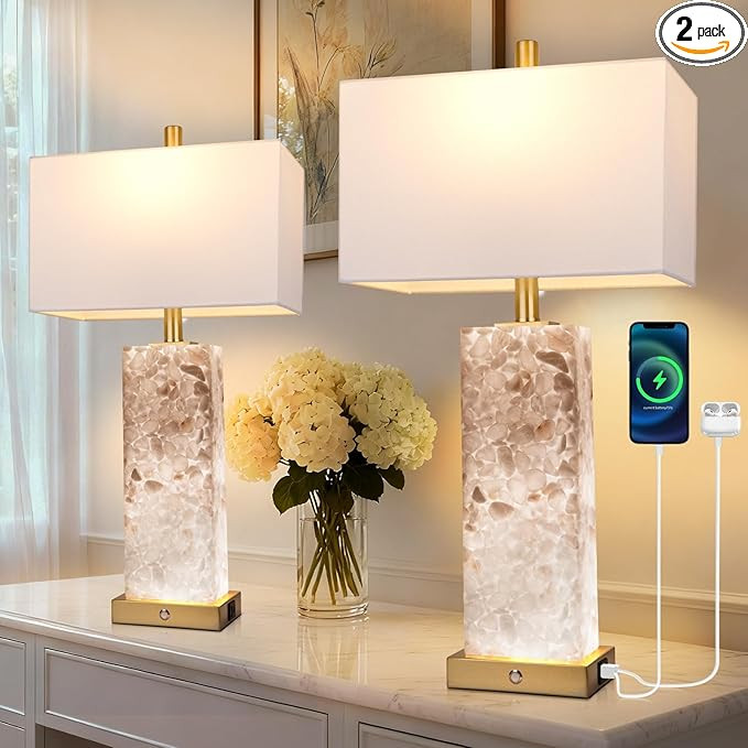 2-Pack 25.6" Alabaster Lamps, Marble Lamp Nightstand Lamps Set of 2, 3-Color Temperatures Bedside... | Amazon (US)