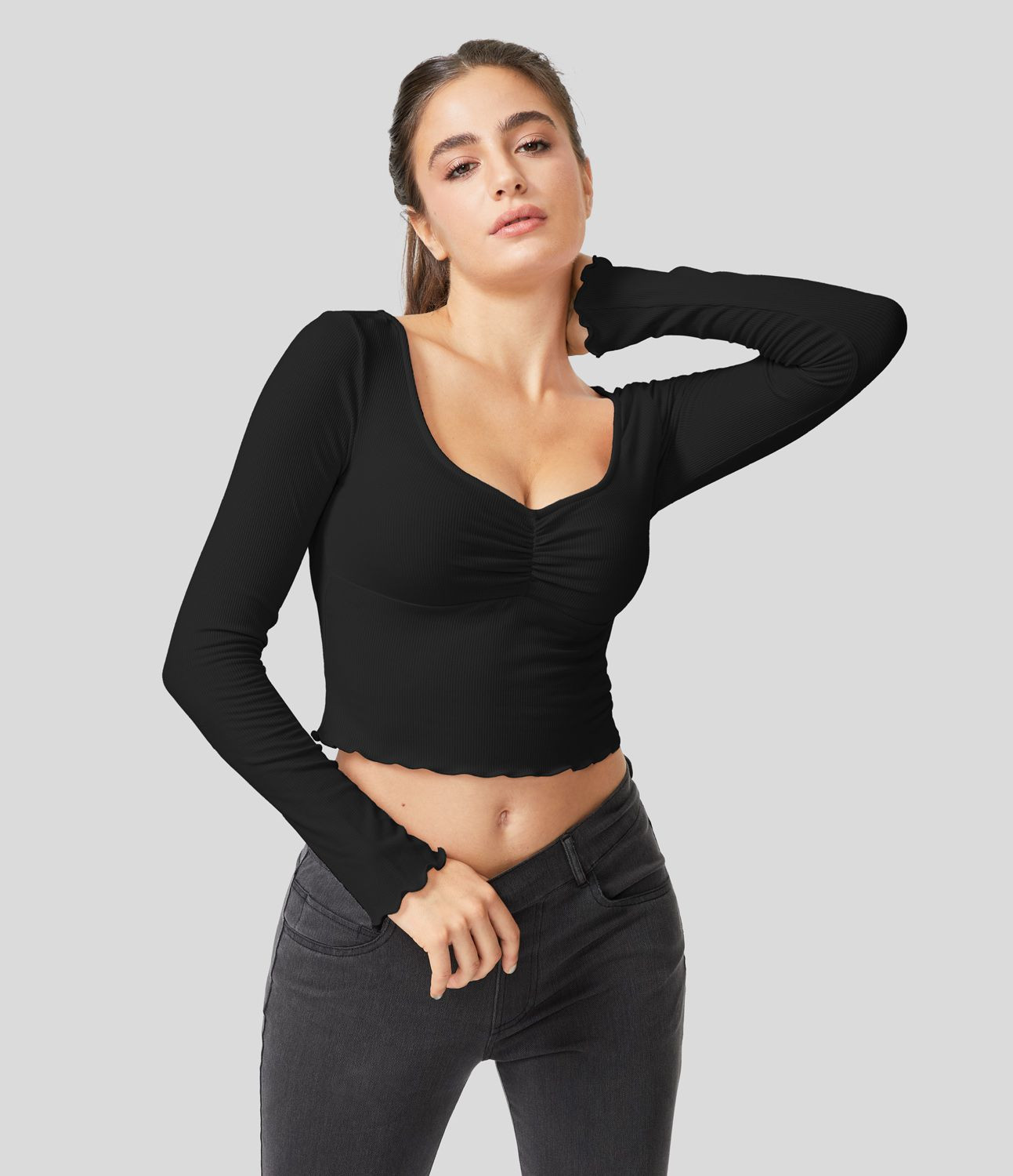 Women’s Ribbed Knit Frill Ruched Long Sleeve Cropped Casual Sports Top - Halara | HALARA