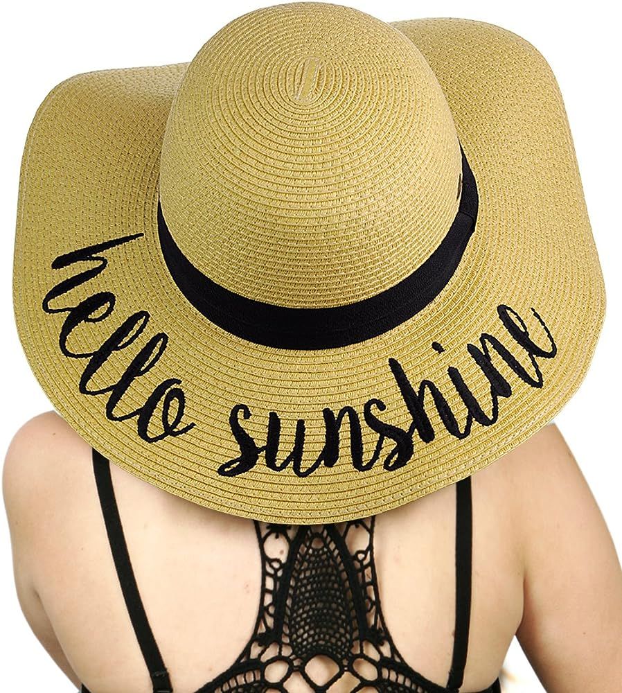 Women's Paper Weaved Crushable Beach Embroidered Quote Floppy Brim Sun Hat | Amazon (US)