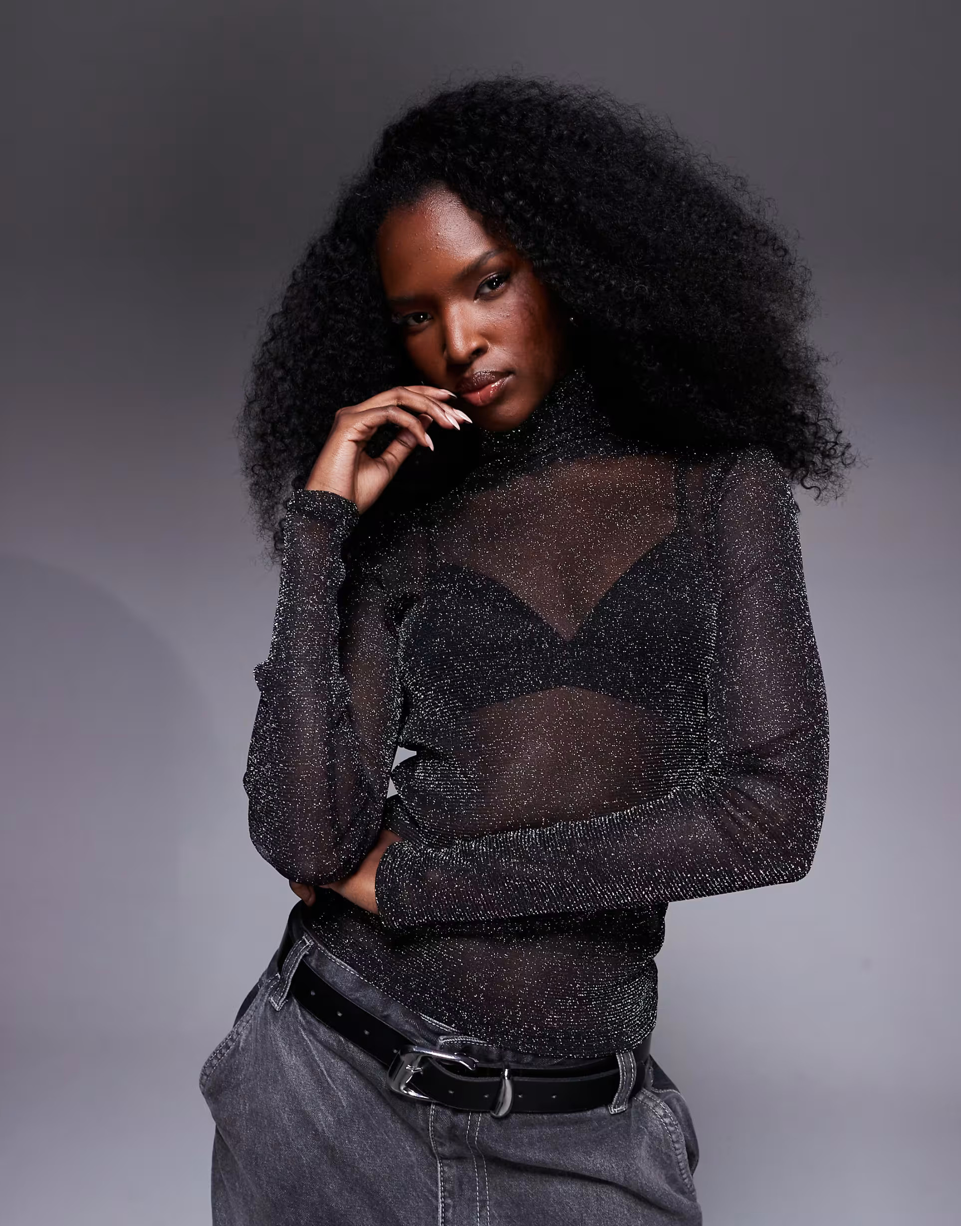 ASOS DESIGN roll neck sheer metallic second skin mesh top in black | ASOS (Global)