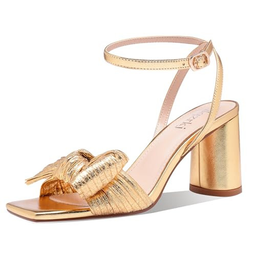 Sqzrkj Women's Gold Heeled Sandals, Square Open Toe Chunky Heel Wedding Shoes, Bow Knot Block Heels Sandals for Bridal Party Dress Gold Size 9 | Amazon (US)