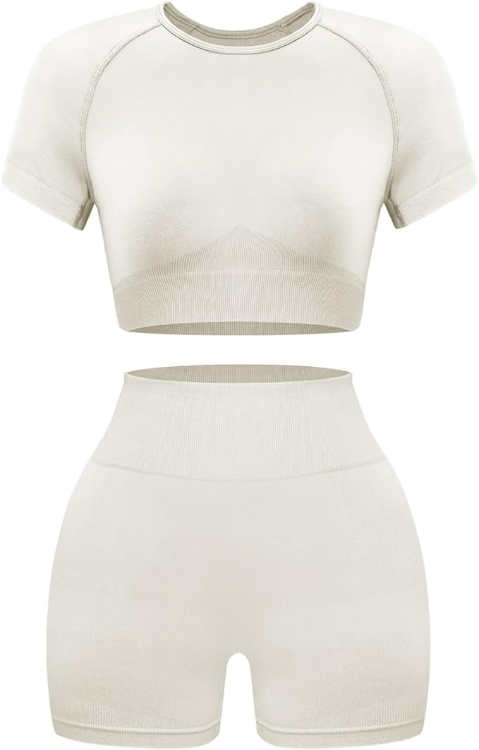 OLCHEE Womens Workout Sets 2 Piece - Seamless Acid Wash Yoga Outfits Shorts and Crop Top Matching... | Amazon (US)