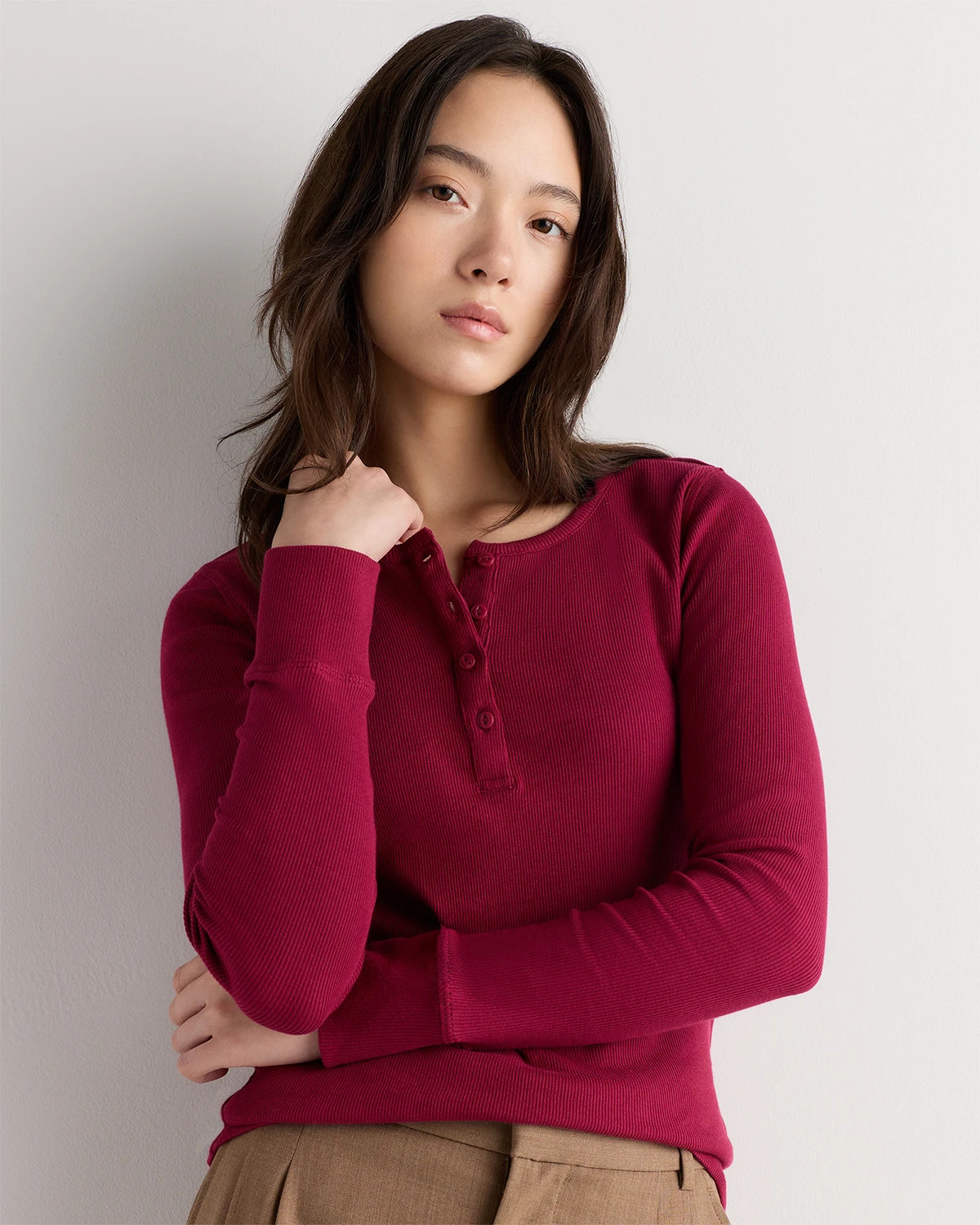 Quince | Women's Micro-Rib Henley Long Sleeve T-Shirt in Black, Size XL, Organic Cotton | Quince