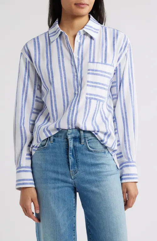 caslon(r) Stripe Linen Blend Button-Up Shirt in White- Blue Taryn Stripe at Nordstrom, Size Xx-Small | Nordstrom