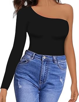 MANGOPOP Women's One Shoulder Off Sleeveless Long Sleeve Tank Top Bodysuit Jumpsuits | Amazon (US)