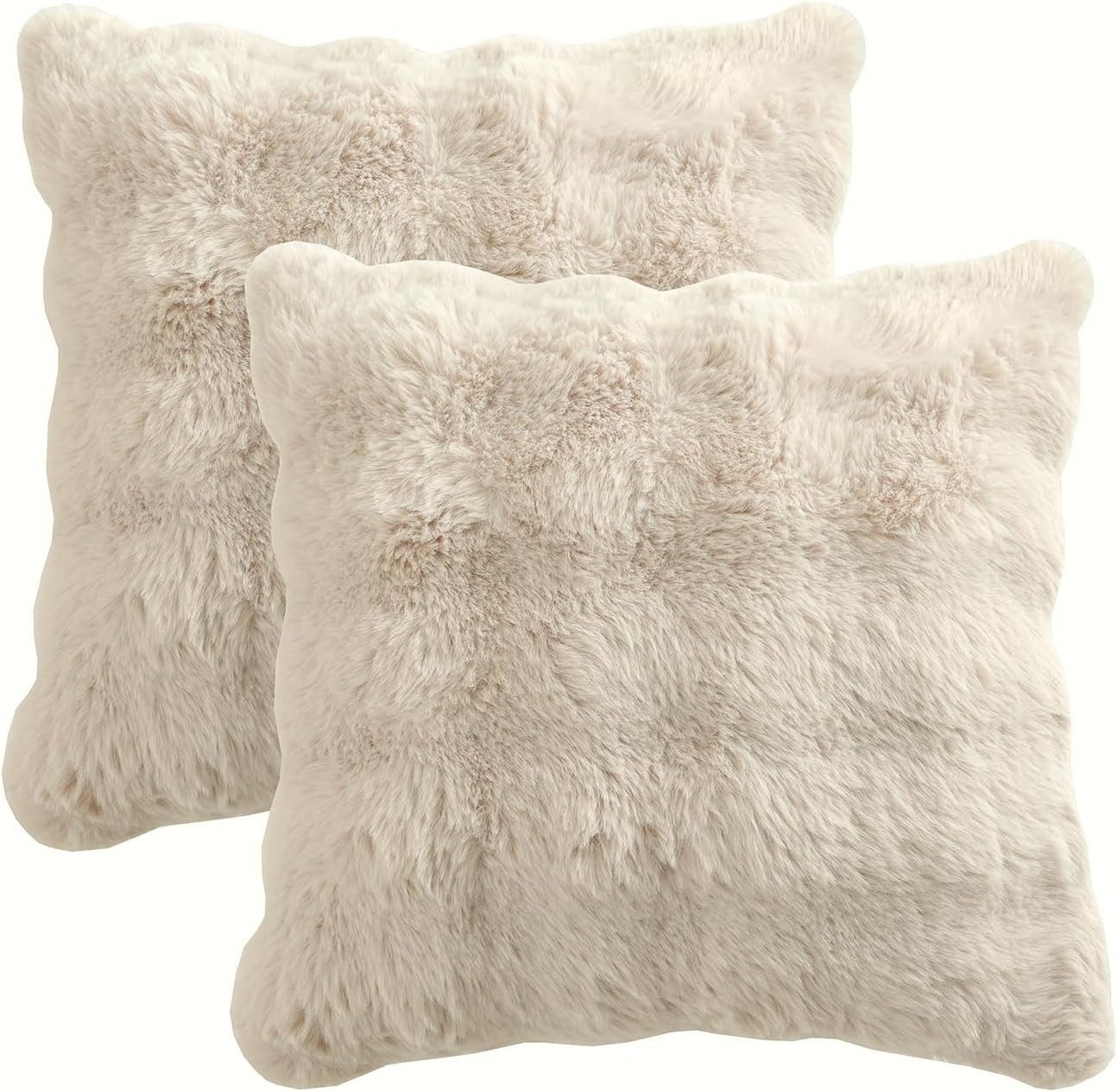 Volcanics Pack of 2 Thick Plush Faux Wool Decorative Throw Pillow Covers 18x18 Inch, Beige Soft F... | Amazon (US)