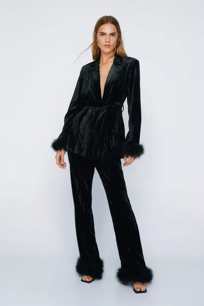Premium Velvet Feather Cuff Tie Waist Blazer | Nasty Gal UK (+IE)