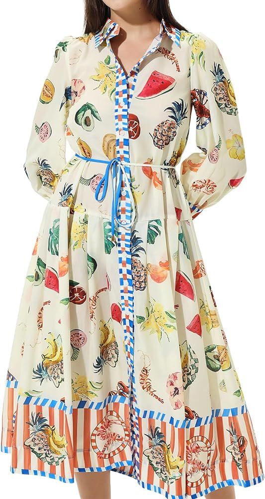 Button-Down Long Sleeve Maxi Dress Printed Womens | Amazon (US)