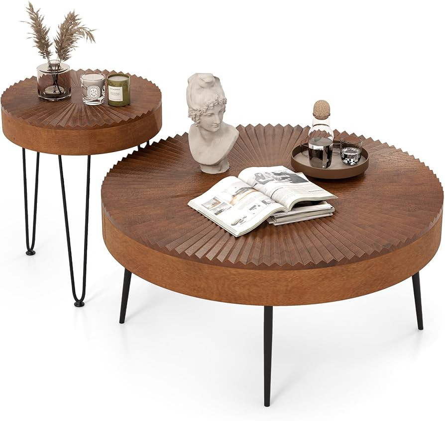 COSTWAY Farmhouse Round Coffee Table Set of 2, Rustic Sofa Side Tea Tables w/Wood Finish, Metal F... | Amazon (US)