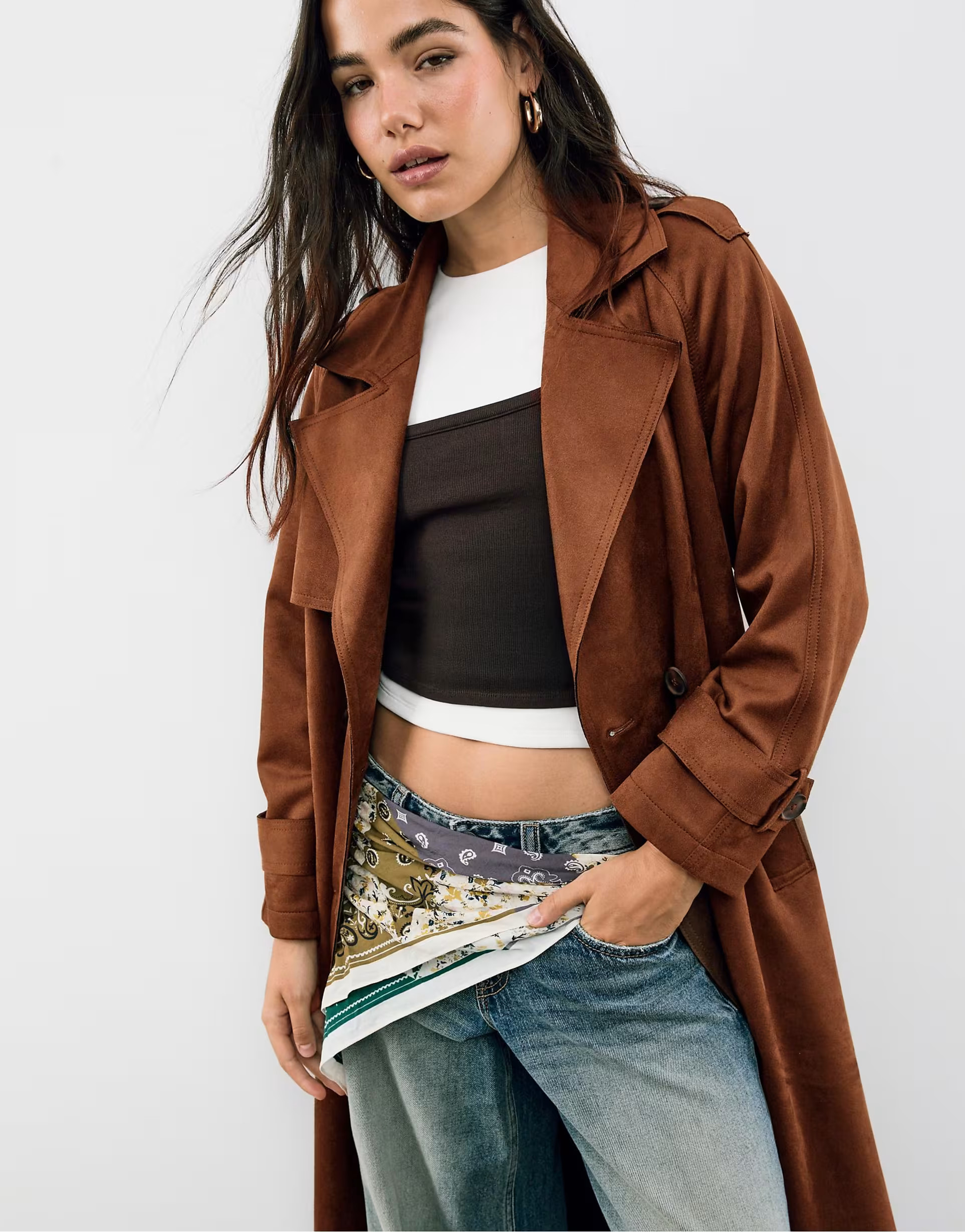 Stradivarius Long faux suede trench coat in brown | ASOS (Global)