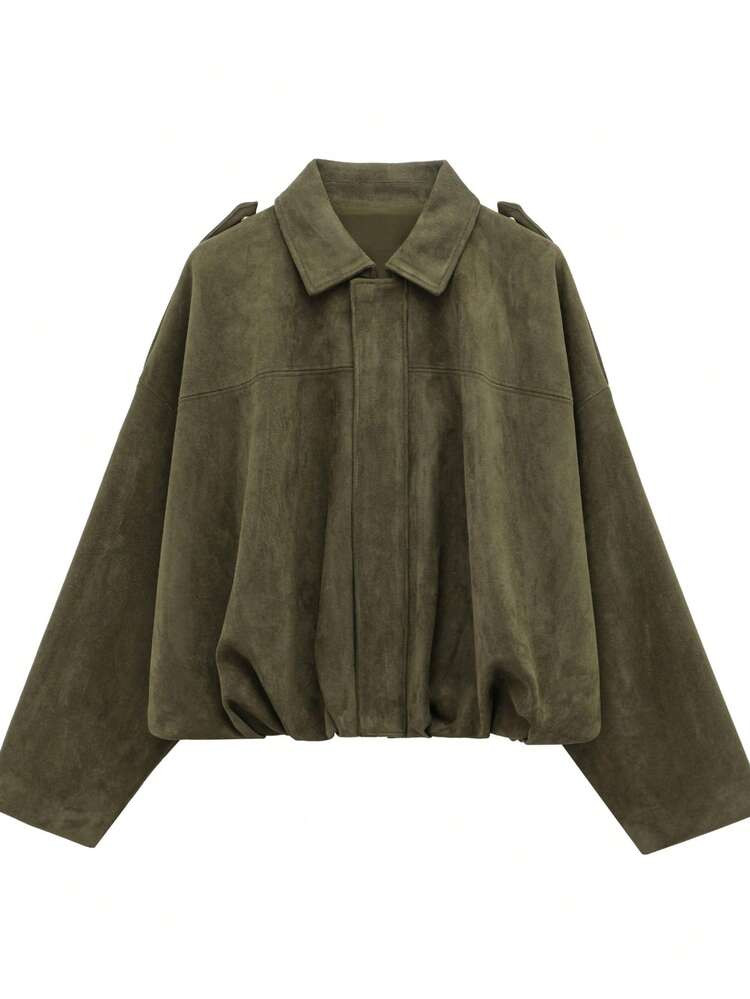 Women's Regular Faux Suede Long Sleeve Single Breasted Loose Casual Jacket, For Spring, Women's Pocket Metal Button Short Military Green Jacket Suitable For Spring And Autumn | SHEIN