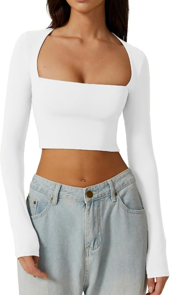 Bovldemt Women's Long Sleeve Square Neck Crop Top Tight Shirts Basic Tee Going Out Tops Y2k Slim ... | Amazon (CA)