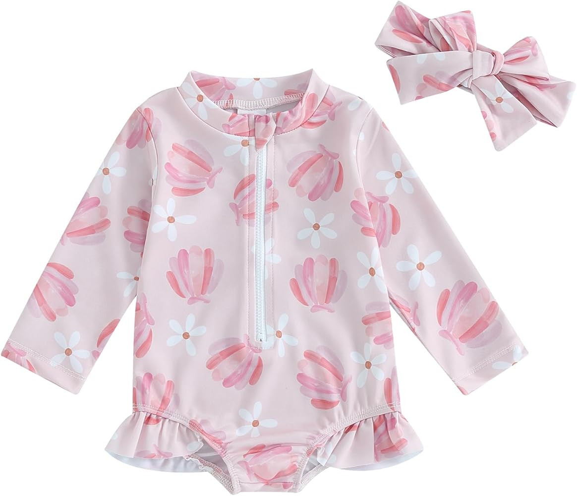 Newbgclo Infant Toddler Baby Girl One-Piece Swimsuit Floral Print Zipper Bathing Suit Ruffled Lon... | Amazon (US)