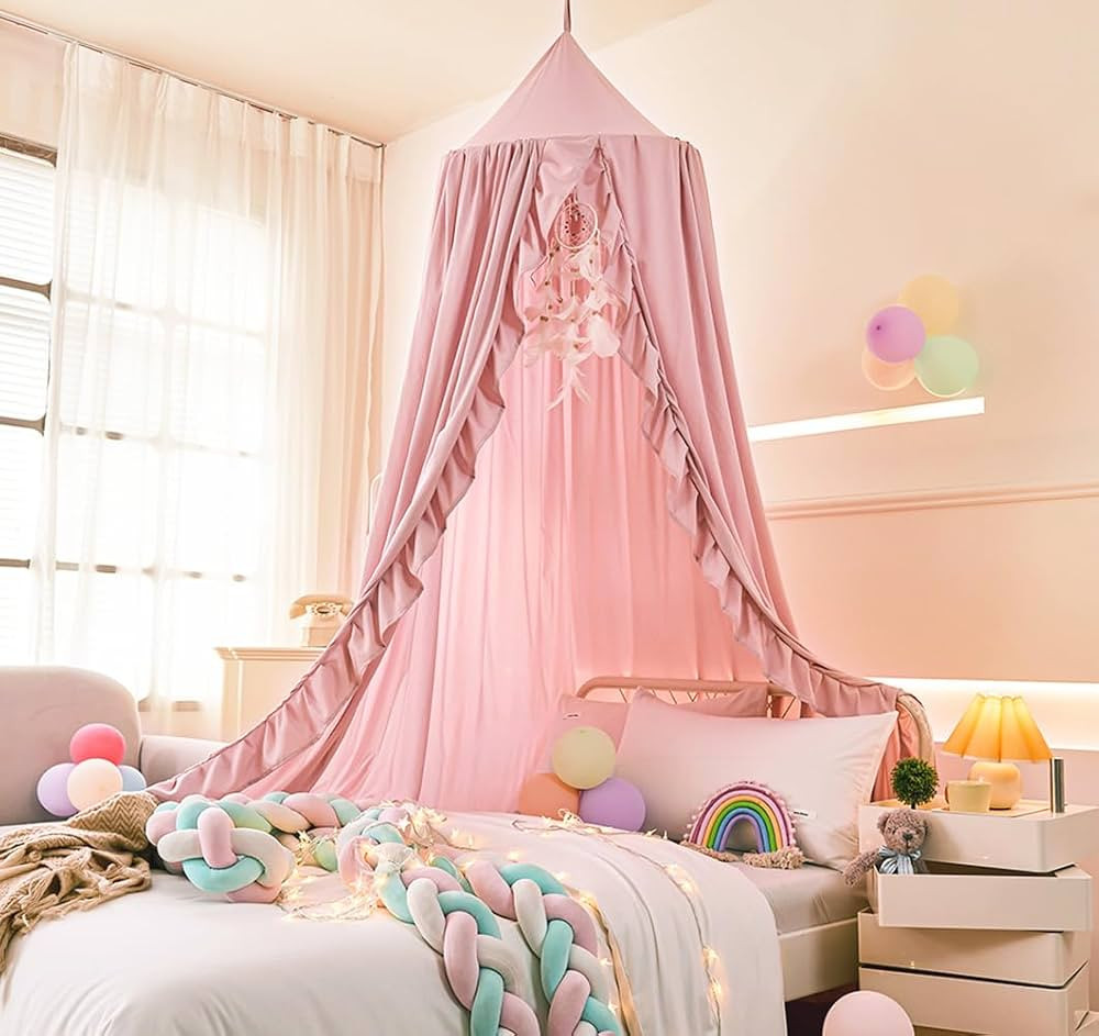 Mengersi Bed Canopy for Girls,Ruffled Canopy Bed Curtains Canopy for Girls Room,Hanging Canopy Pr... | Amazon (US)