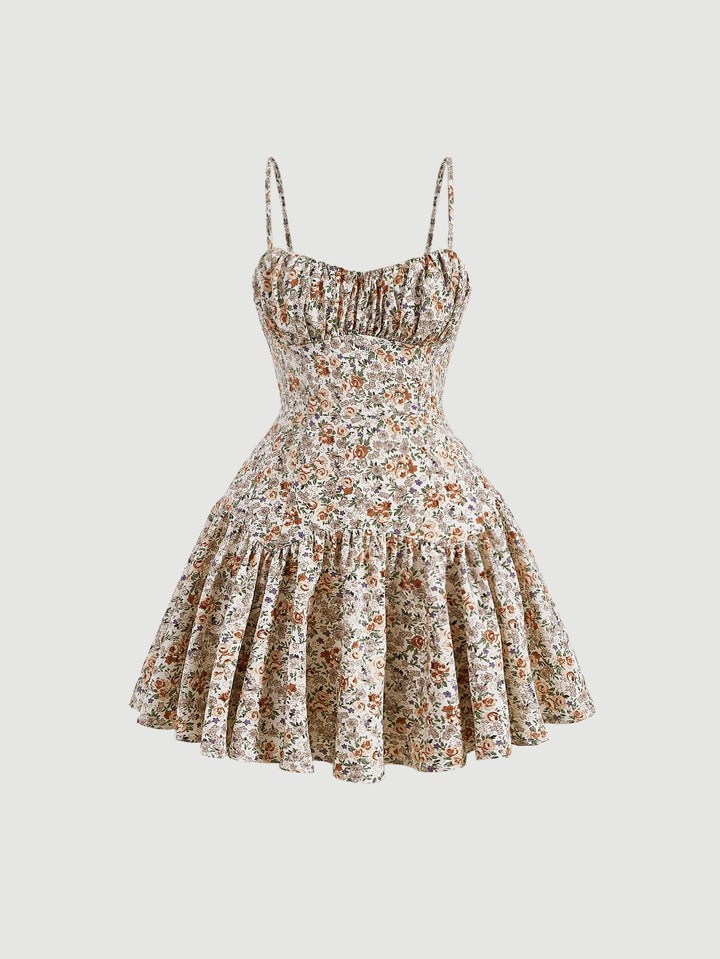 SHEIN MOD Ditsy Floral Print Ruched Bust Ruffle Hem Cami Dress | SHEIN