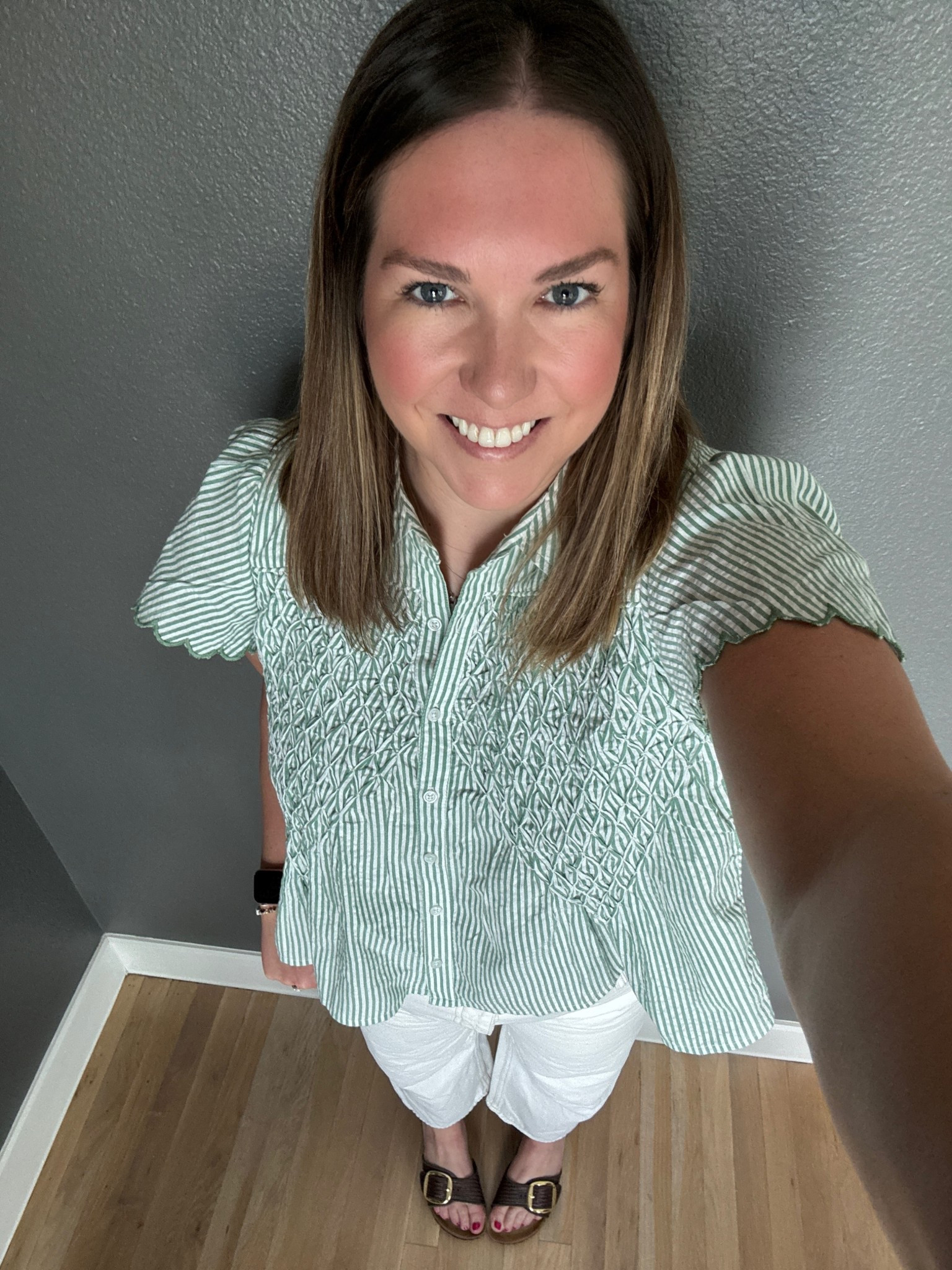 Happy St. Patrick’s Day ☘️ it wasn’t quite as warm here as I was hoping but still nice enough. I love this green striped shirt. It’s such an easy fit and will be great to wear all spring. Paired it with white denim and these fun chocolate brown raffia birks  

#LTKSeasonal #LTKMidsize #LTKootd