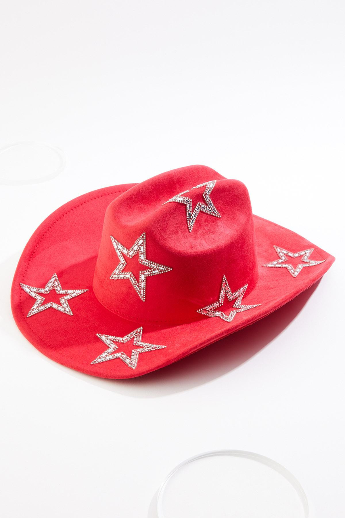 Rhinestone Star Faux Suede Cowboy Hat - Red | Cato Fashions