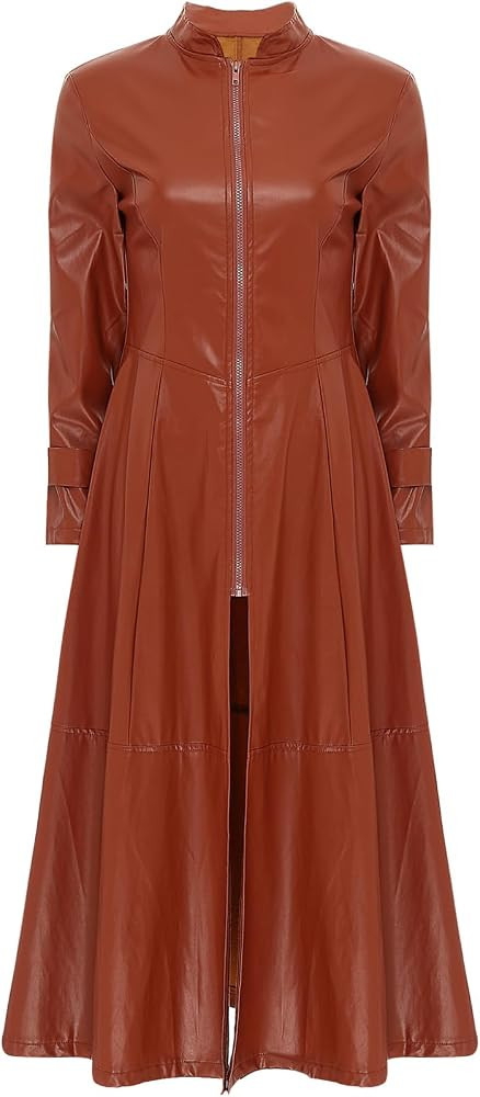 Women's Faux Leather Jacket Trench Coat Fashion Long Sleeves Full Zipper Ankle Length Dress | Amazon (US)
