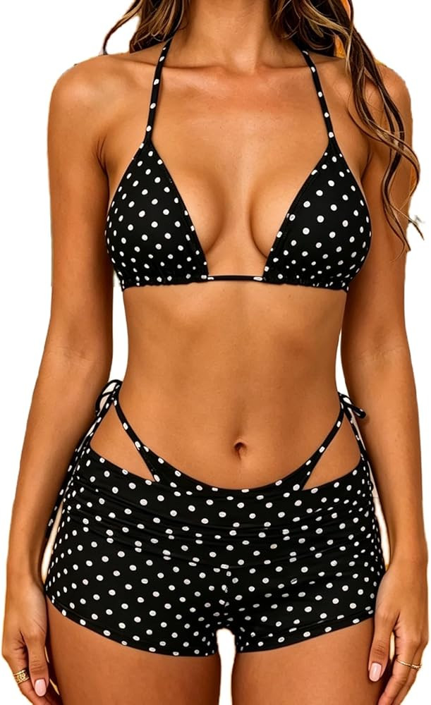 MakeMeChic Women's Polka Dots Triangle Bikini Sets Swim Shorts Y2K Leopard Striped Bathing Suit S... | Amazon (US)