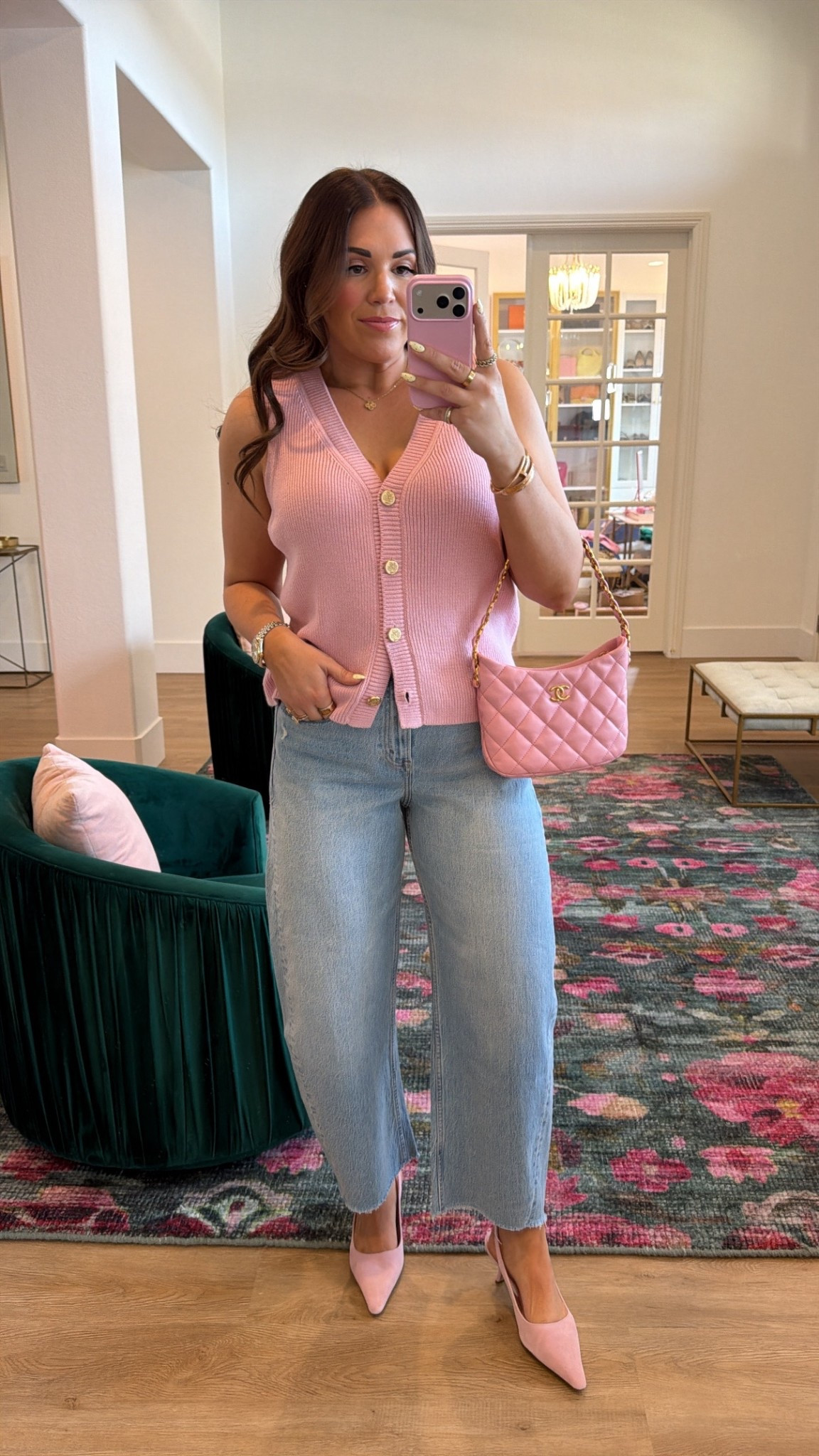 curvy midsize pink look for spring! wearing size large in pink sweater vest and size 29 in light barrel denim 

#LTKMidsize #LTKSeasonal