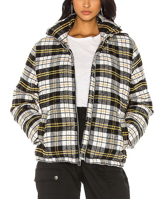 KENDALL + KYLIE Women's Puffer Coats BLACK/WHITE/YELLOW - Black & White Buffalo Check Puffer Coat -  | Zulily