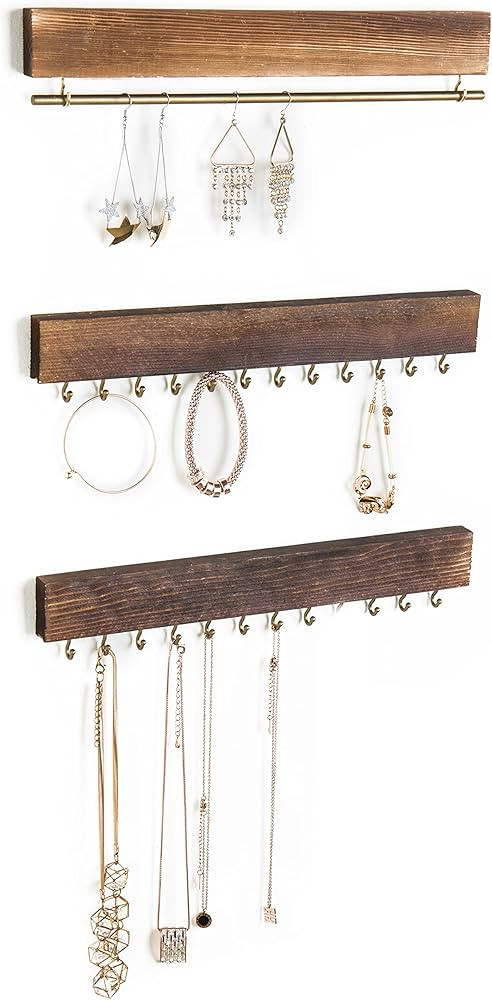 MyGift 3-Piece Wall Jewelry Organizer, Wall-Mounted Rustic Wood and Gold Tone Metal 24 Hook Neckl... | Amazon (US)