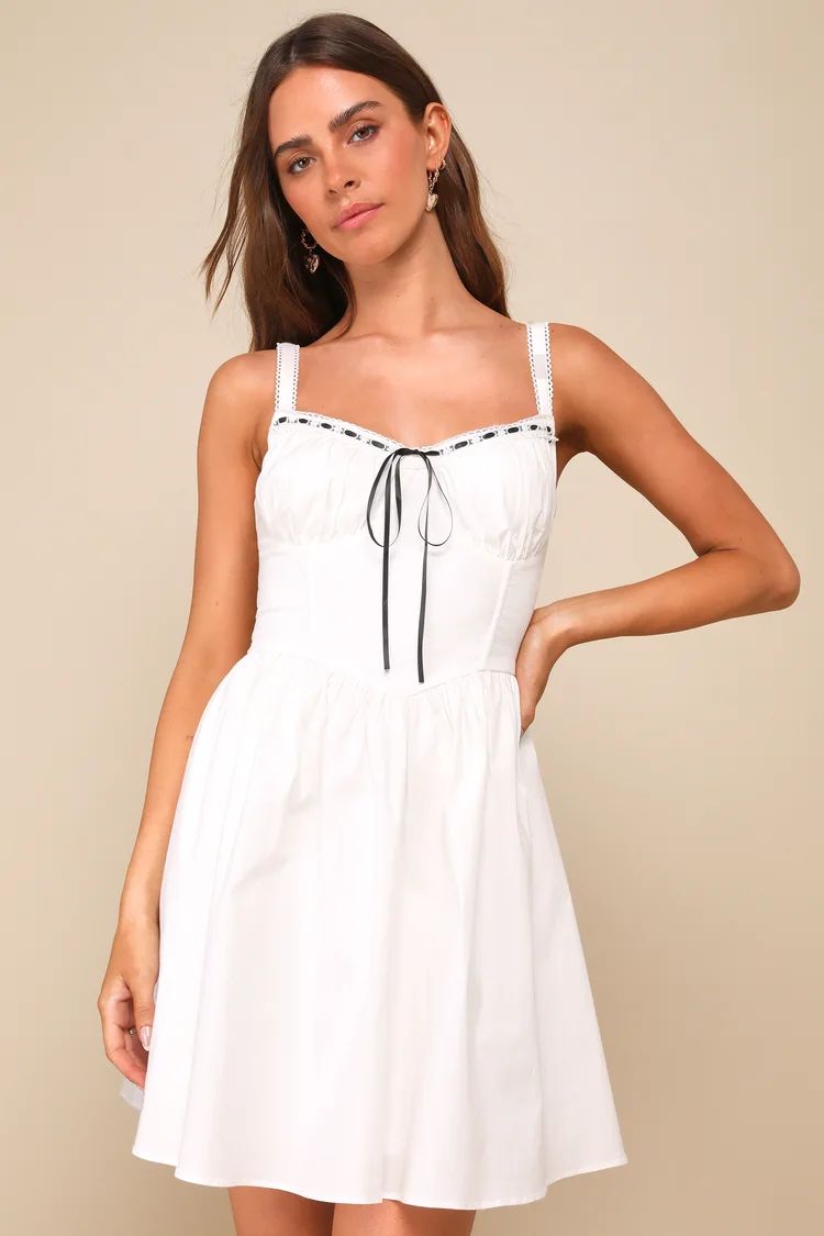 Deeply Charming White Lace Bustier Ribbon Mini Dress | Lulus