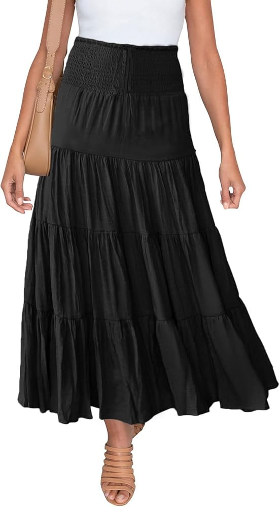 HAEOF Women's Summer Elastic High Waist Boho Maxi Skirt Casual Drawstring A Line Flowy Swing Long... | Amazon (US)