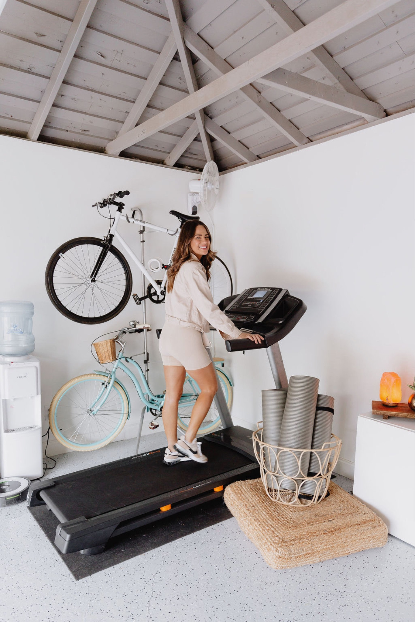 Home gym // At home gym, gym, garage, gym equipment, weights, weight lifting, fitness, gym setup, gym essentials, work out, home workout program, sporting goods, sport equipment, dumbbell set, yoga mat, suspension bands, ankle weights, weight rack, jump rope, exercise ball, cardio, strength training, full body workout, ab roller, wall hanging decor, workout motivation