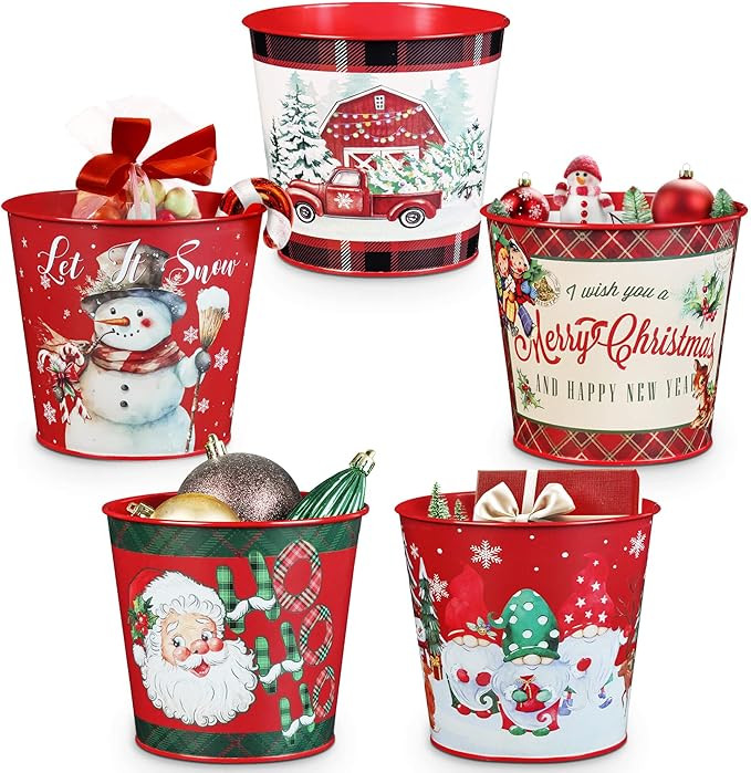 Putuo Decor Christmas Theme Metal Buckets, 5 Pieces Christmas Decorations Round Ice Buckets, Galv... | Amazon (US)