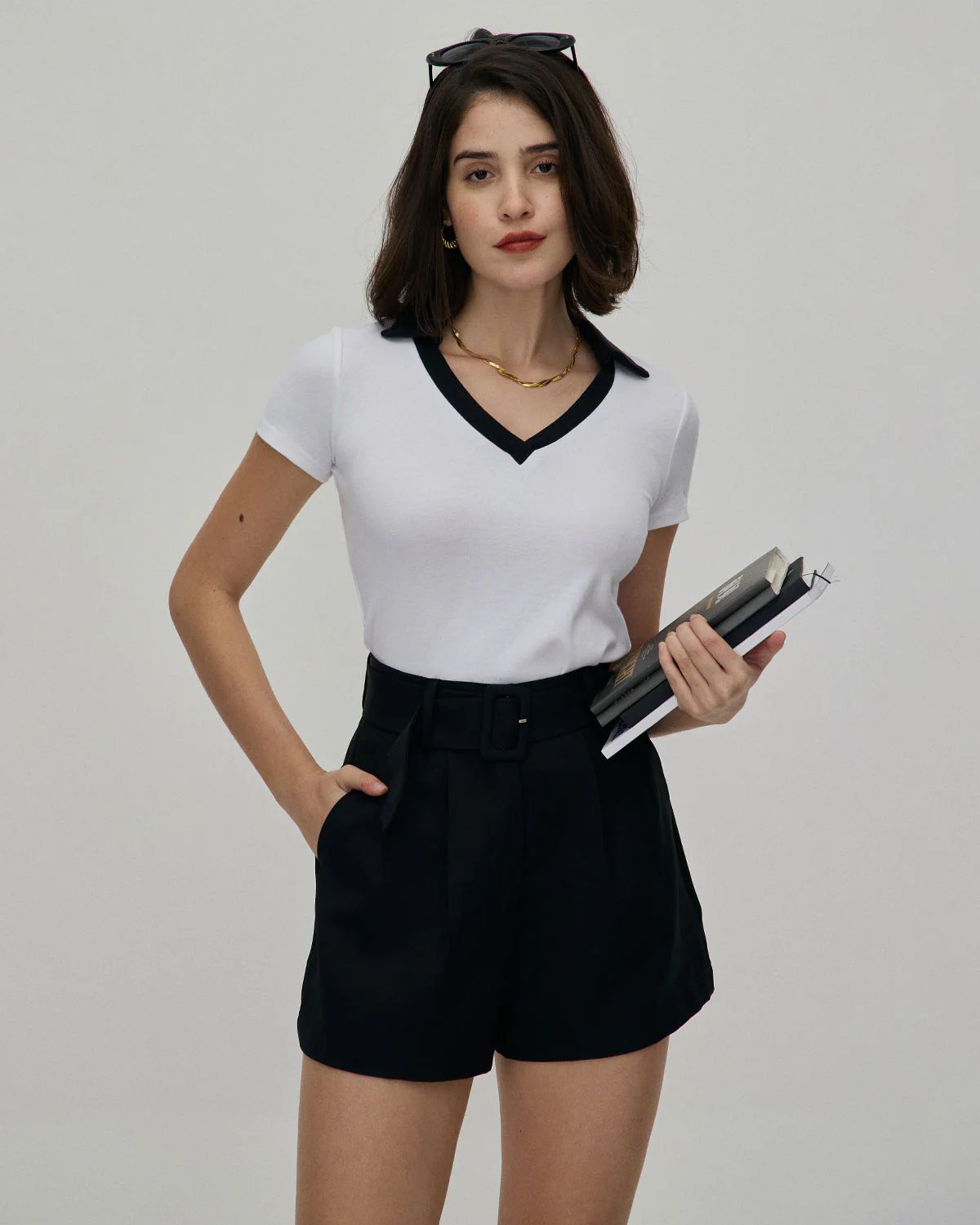 The White Collared Contrast Trim Tee & Reviews - White - Tops | RIHOAS | rihoas.com