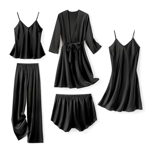 SAPJON Silk Pajamas for Women 5Pcs Sleepwear Loungewear Satin Robe Cami Shorts Pj Set Black | Amazon (US)