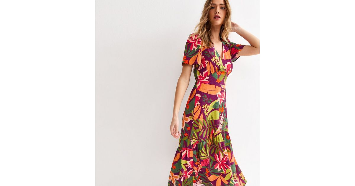 Purple Crinkle Texture Leaf Print Tiered Midi Tea Dress | New Look | New Look (UK)