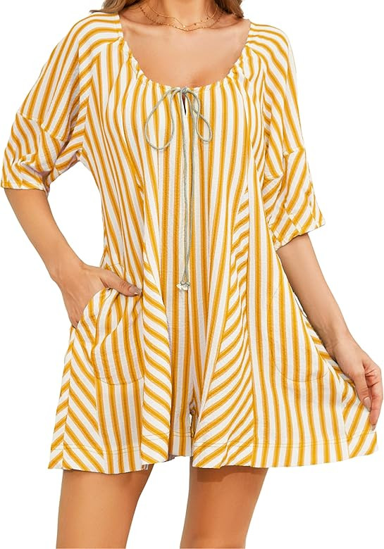 Womens Summer Striped Romper Casual Oversized Puff Sleeve Short Jumpsuits Overalls Beach Vacation... | Amazon (US)