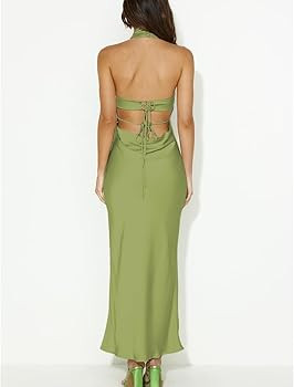 Phicia Sexy Satin Halter Neck Backless Maxi Dress for Women Elegant Tie Cowl Back Formal Wedding ... | Amazon (US)