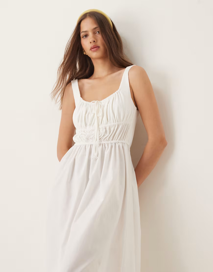 ASOS DESIGN shirred bust cotton mix summer midi dress in ivory-White | ASOS (Global)