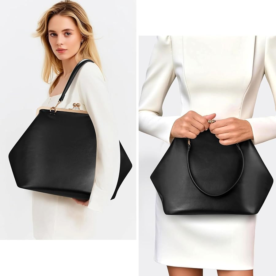 Large Women's Kiss Lock Bag PU Medium Top Handle Handbags Kiss Clasp Shoulder Bags Tote Purse Mes... | Amazon (US)