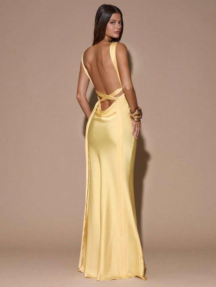 Women's Satin Deep V-Neck Maxi Dress Backless Silk Dresses Wedding Guest | Amazon (US)