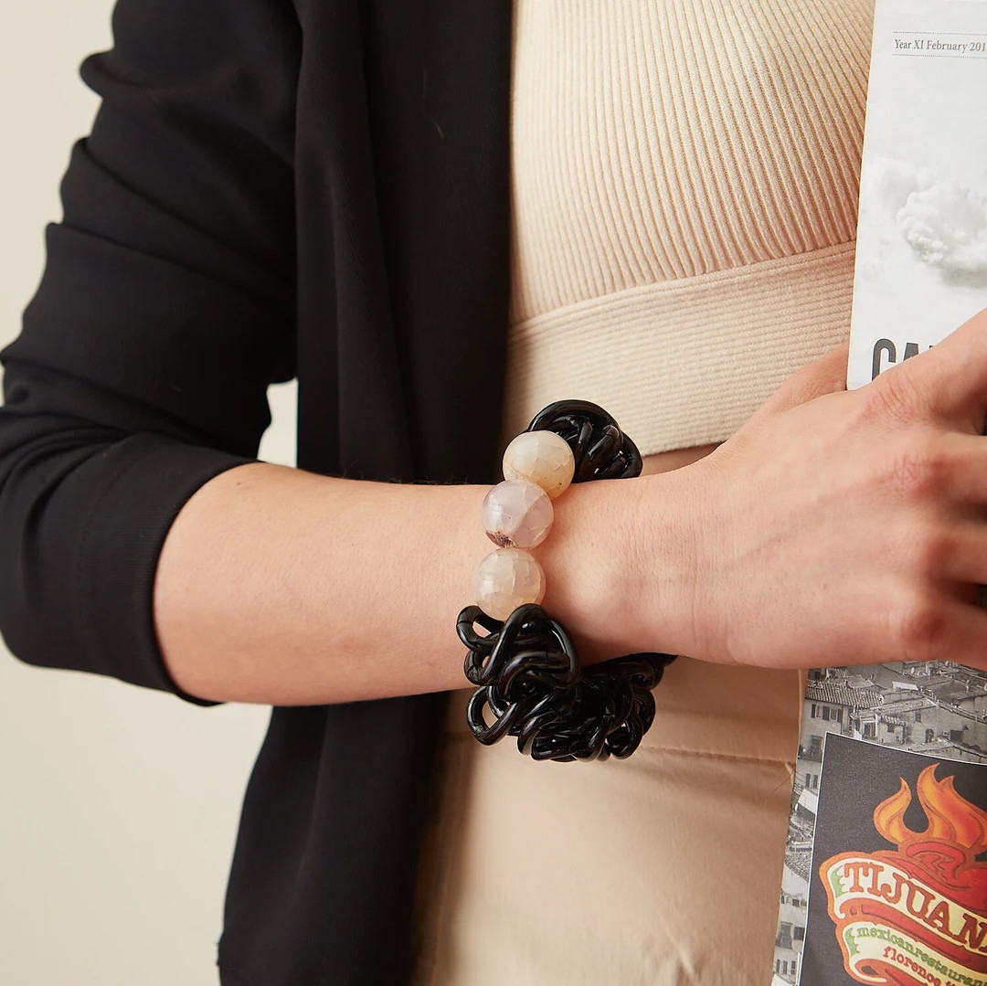 Handmade Agate Quartz Bracelet, Black Aluminum Chain, Chunky Statement Jewelry - Etsy | Etsy (US)