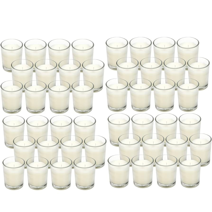Hosley 48-Pack Ivory Unscented Votive Candles, Clear Glass, 10-12 Hr Burn, Hand-Poured, Ideal for... | Amazon (US)