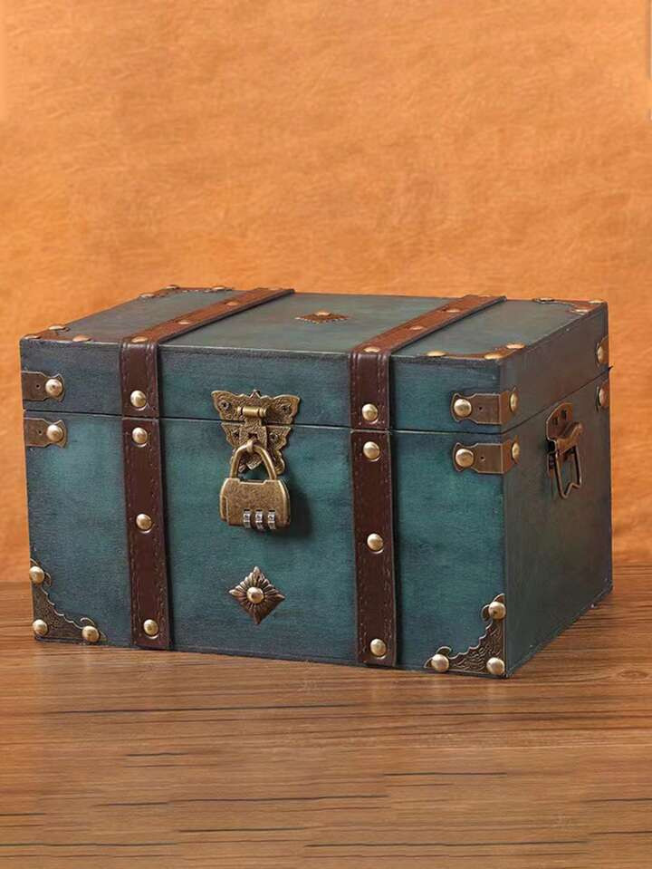 1pc Vintage European Style Large Dark Green Wooden Square Jewelry Box With Lock Code For Storage & Decoration | SHEIN