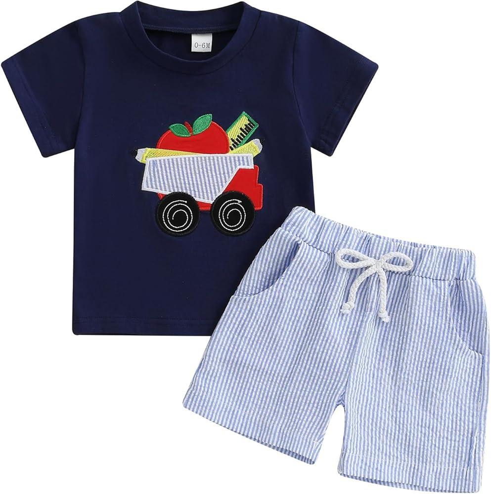 Baby Boy Back to School Outfit Pencil Apple Embroidery Crewneck T Shirt Plaid Shorts Sets Toddler... | Amazon (US)