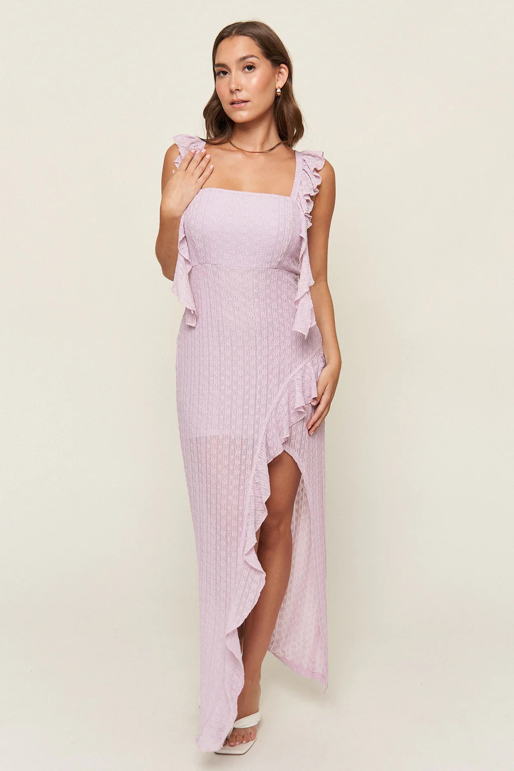 "Maria” Lace Asymmetrical Ruffle Dress in Orchid | What Lo Wants