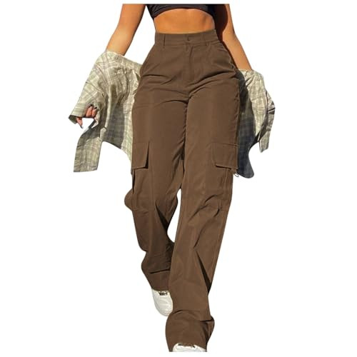 Cargo Pants Women High Waist Wide Leg Casual Pants Baggy Stretchy Work Sweatpant Trousers Y2K Streetwear with Pockets (Brown, XXL) | Amazon (US)